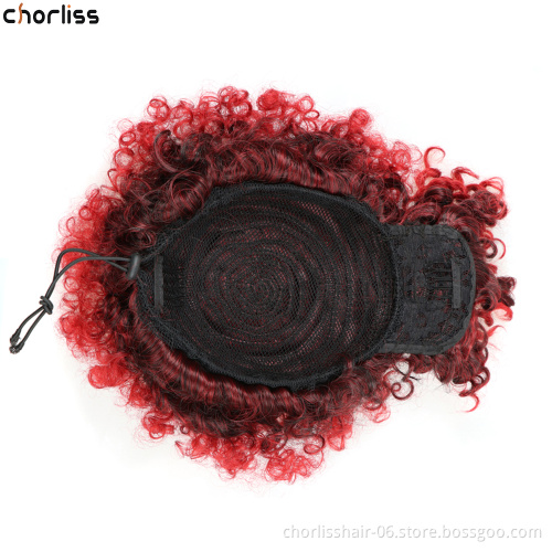 Hot Sale Ombre Chignon With Bangs Kinky Curly Bun Hairpieces Short Afro Fluffy Puff Synthetic Hair Extensions For Black Woman